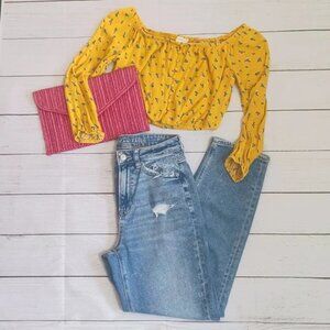 LA Hearts — Yellow Long Sleeve Flowery Crop Top - Size S